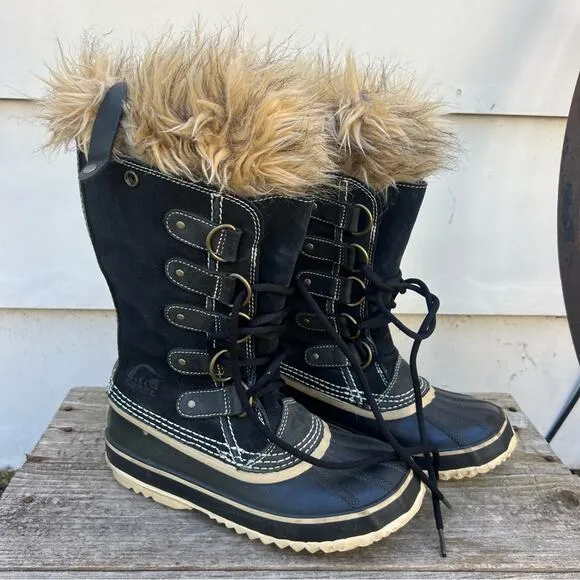 Sorel Joan of Arc Black Furry Snow Winter Lace Up Boots NL1540-010 Size 6