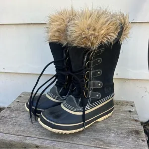 Sorel Joan of Arc Black Furry Snow Winter Lace Up Boots NL1540-010 Size 6