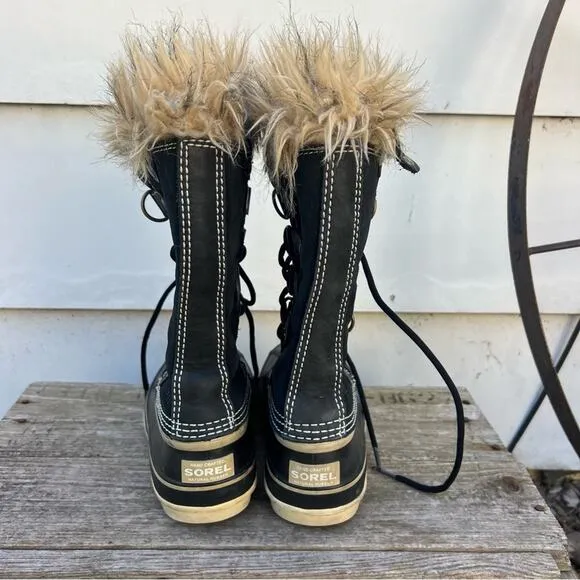 Sorel Joan of Arc Black Furry Snow Winter Lace Up Boots NL1540-010 Size 6