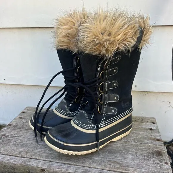 Sorel Joan of Arc Black Furry Snow Winter Lace Up Boots NL1540-010 Size 6