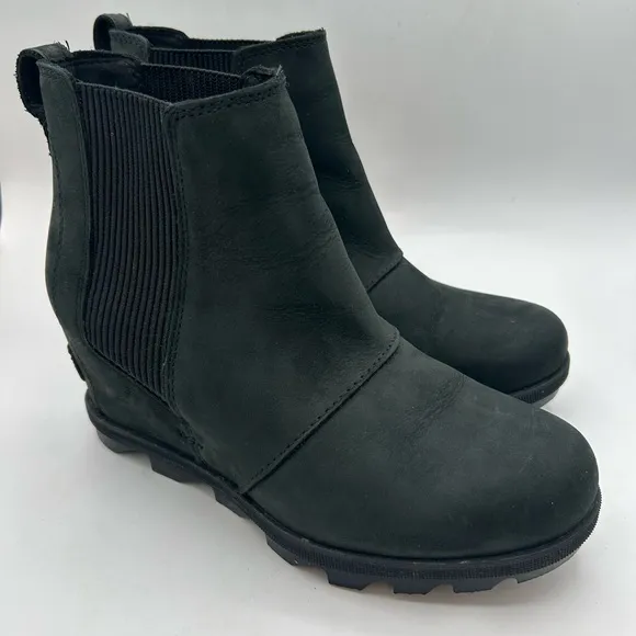 Sorel Joan of Arctic Platform Wedge II Chelsea Boots Bootie, Black Leather 7.5