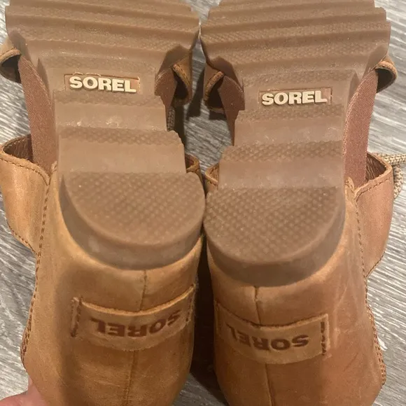 Sorel Joanie Lace Up cognac brown Leather Wedged Sandals sz 8 Boho Comfortable