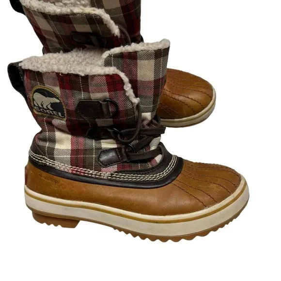 Sorel Tivoli Plaid Winter Boots Womens Size 5 Brown Leather Waterproof