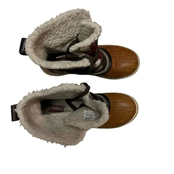 Sorel Tivoli Plaid Winter Boots Womens Size 5 Brown Leather Waterproof