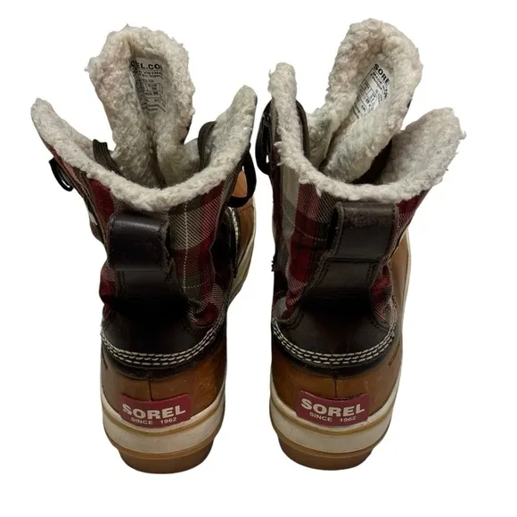 Sorel Tivoli Plaid Winter Boots Womens Size 5 Brown Leather Waterproof