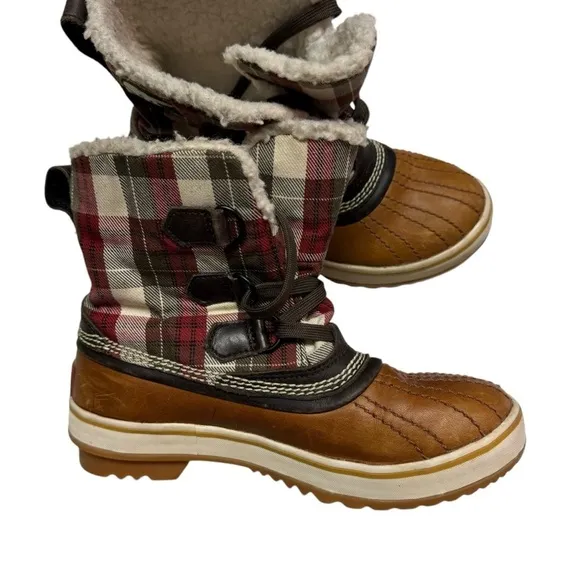 Sorel Tivoli Plaid Winter Boots Womens Size 5 Brown Leather Waterproof
