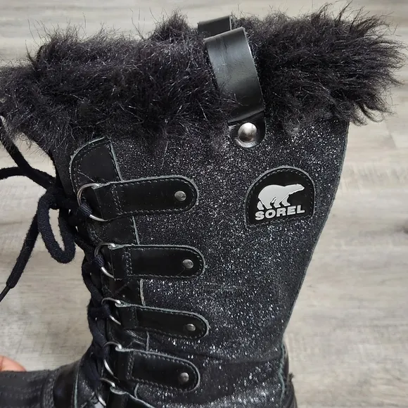 Sorel Tofino Glitter Black Waterproof Lace-Up Fleece Lined Boots