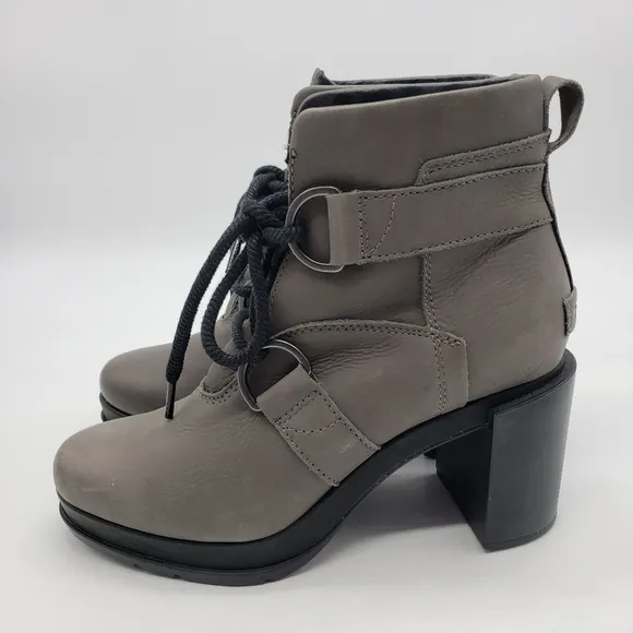 Sorel women US 7 quarry gray leather MARGO boots lace up block heel NL3053-042