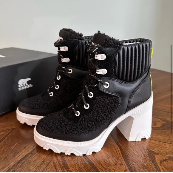 SOREL Women's Brex Faux Shearling &amp; Leather Waterproof Boots Black / White 6.5