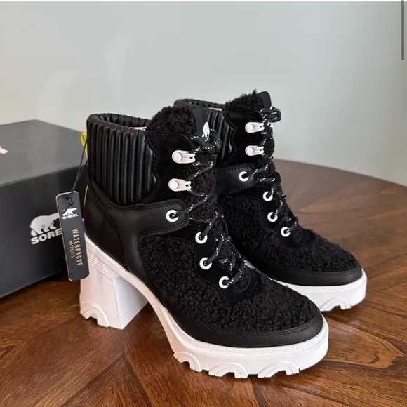 SOREL Women's Brex Faux Shearling &amp; Leather Waterproof Boots Black / White 6.5