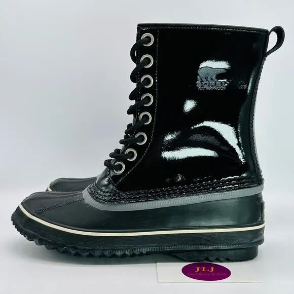 Sorel Women's Dahlia Patent Black Lace Up Winter Snow Boots NL1559-010 Size 7