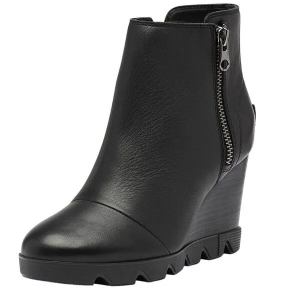 Sorel Women's Joan Uptown Zip Bootie — Waterproof Leather Wedge Boots black