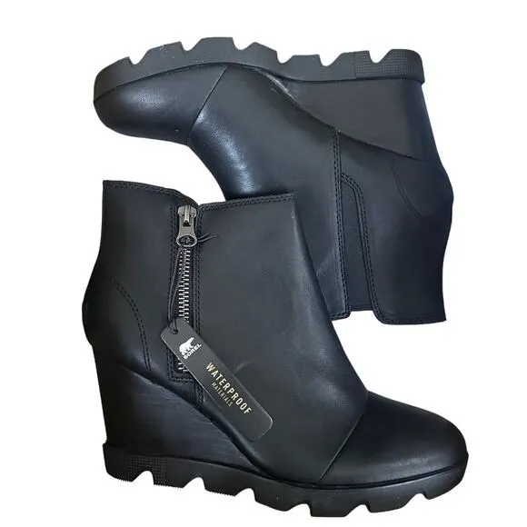 Sorel Women's Joan Uptown Zip Bootie — Waterproof Leather Wedge Boots black