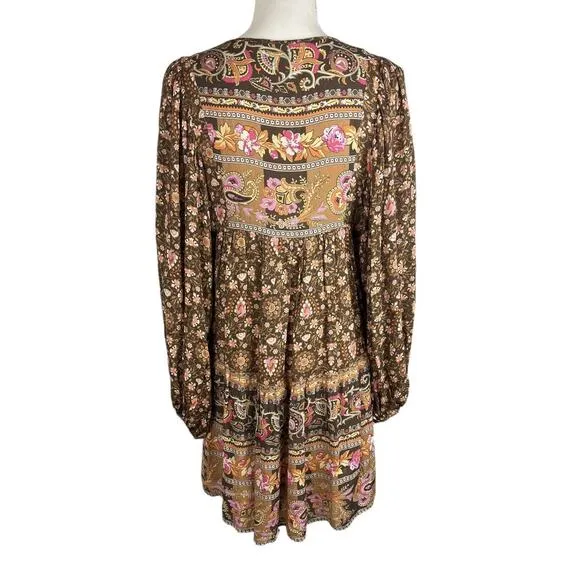 Spell Designs Madame Peacock Boho Mini Dress Coffee Brown Size Small