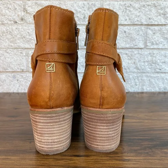 Sperry Top-Sider Brown Chelton Cognac Leather Chunky Block Heel Ankle Boots
