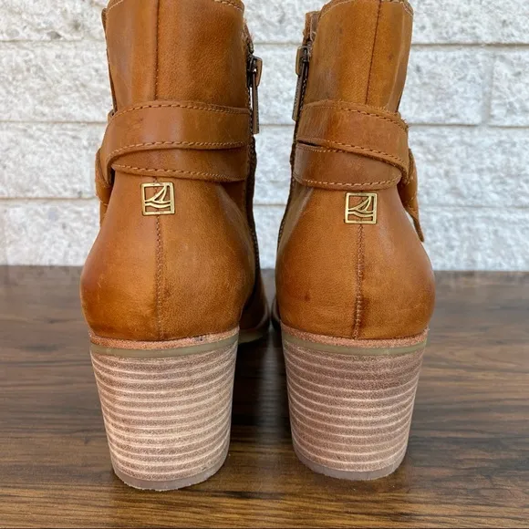 Sperry Top-Sider Brown Chelton Cognac Leather Chunky Block Heel Ankle Boots