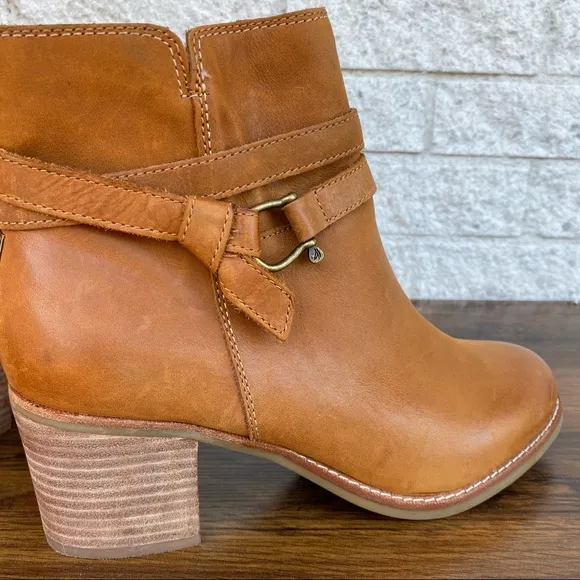 Sperry Top-Sider Brown Chelton Cognac Leather Chunky Block Heel Ankle Boots