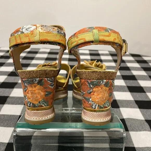 Spring Step L'Artiste Vienrose Leather Sandal Yellow Orange Wedge Floral 41/10