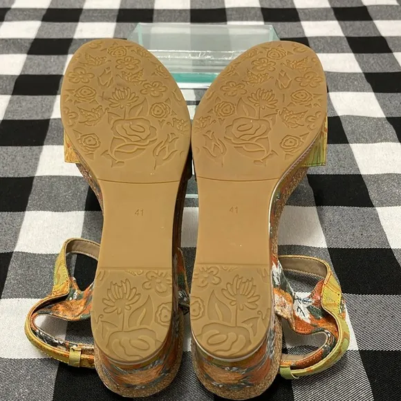 Spring Step L'Artiste Vienrose Leather Sandal Yellow Orange Wedge Floral 41/10
