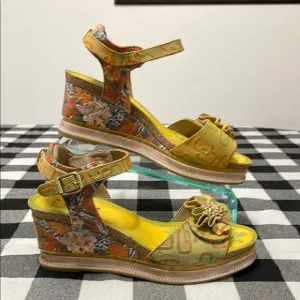 Spring Step L'Artiste Vienrose Leather Sandal Yellow Orange Wedge Floral 41/10