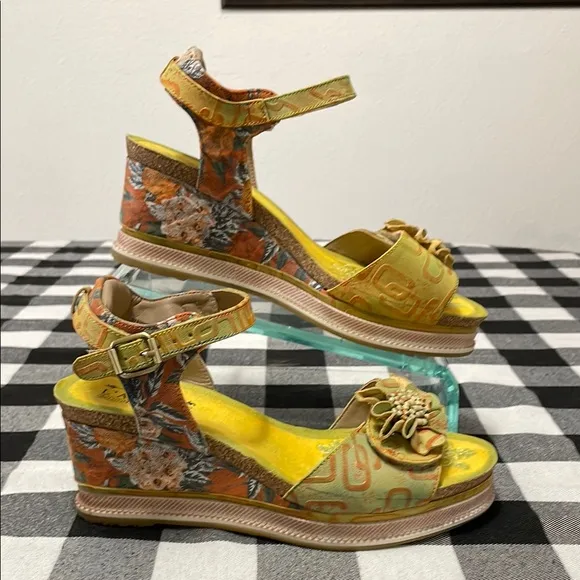 Spring Step L'Artiste Vienrose Leather Sandal Yellow Orange Wedge Floral 41/10