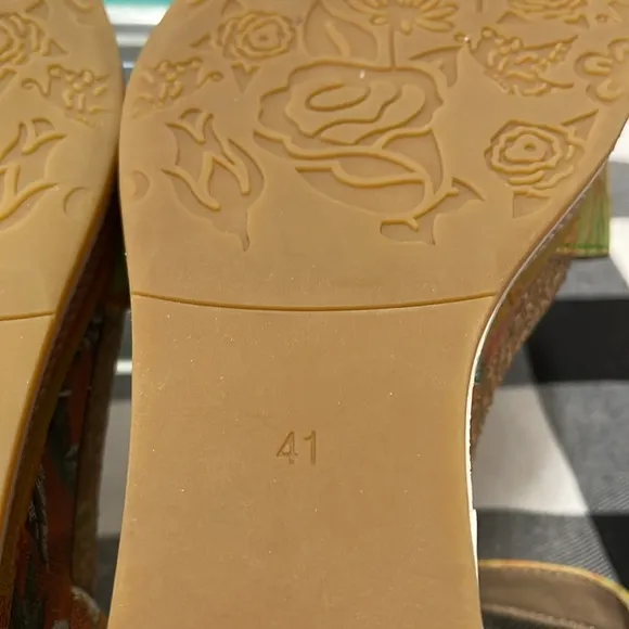 Spring Step L'Artiste Vienrose Leather Sandal Yellow Orange Wedge Floral 41/10