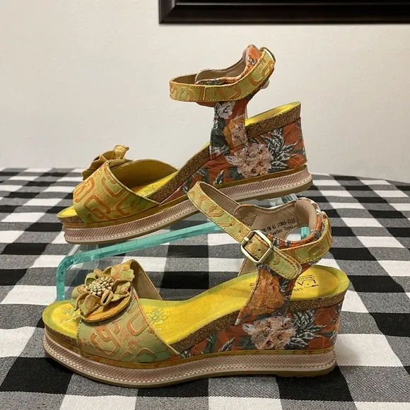 Spring Step L'Artiste Vienrose Leather Sandal Yellow Orange Wedge Floral 41/10