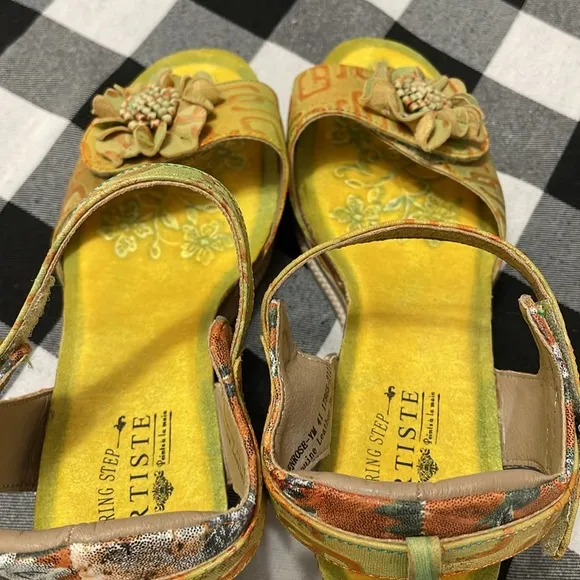 Spring Step L'Artiste Vienrose Leather Sandal Yellow Orange Wedge Floral 41/10