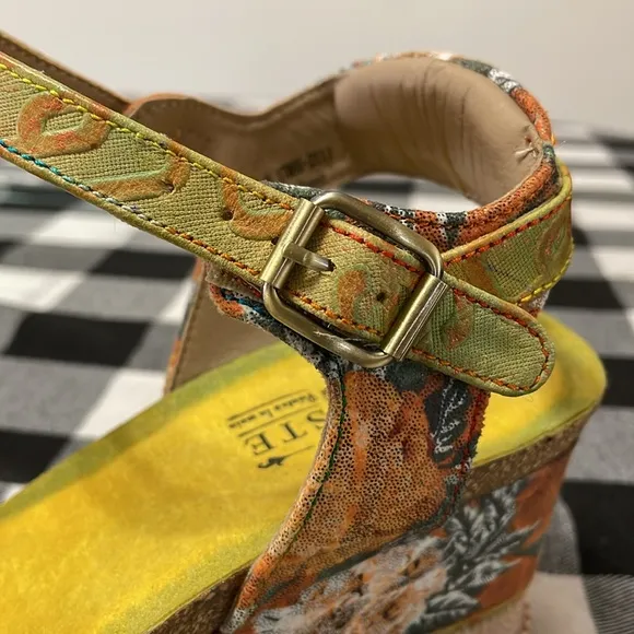 Spring Step L'Artiste Vienrose Leather Sandal Yellow Orange Wedge Floral 41/10