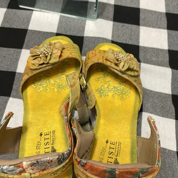 Spring Step L'Artiste Vienrose Leather Sandal Yellow Orange Wedge Floral 41/10