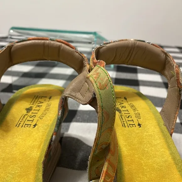 Spring Step L'Artiste Vienrose Leather Sandal Yellow Orange Wedge Floral 41/10