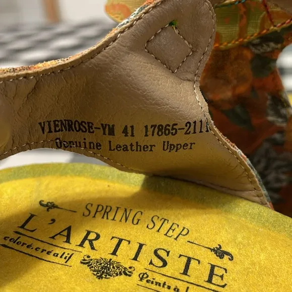 Spring Step L'Artiste Vienrose Leather Sandal Yellow Orange Wedge Floral 41/10