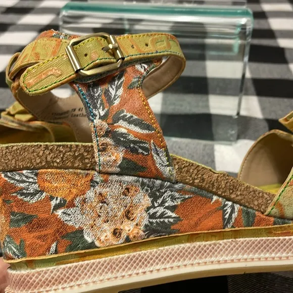 Spring Step L'Artiste Vienrose Leather Sandal Yellow Orange Wedge Floral 41/10