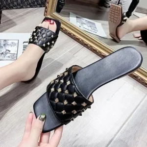 Square Toe Black Quilted Studded Summer Sandals Size 8.5