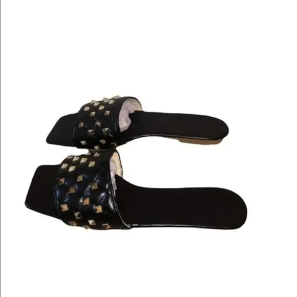 Square Toe Black Quilted Studded Summer Sandals Size 8.5