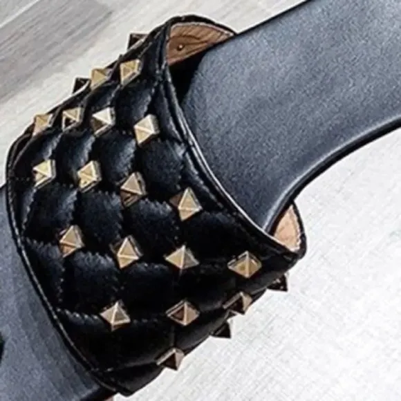 Square Toe Black Quilted Studded Summer Sandals Size 8.5