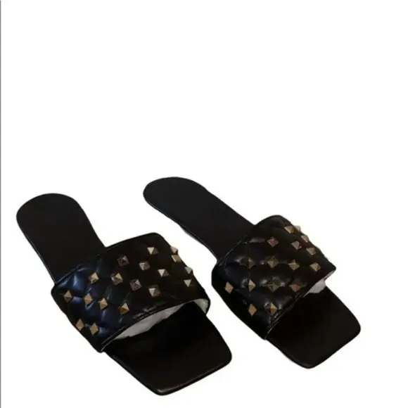 Square Toe Black Quilted Studded Summer Sandals Size 8.5