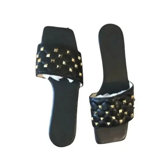 Square Toe Black Quilted Studded Summer Sandals Size 8.5