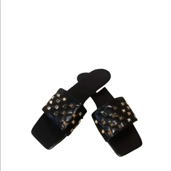 Square Toe Black Quilted Studded Summer Sandals Size 8.5