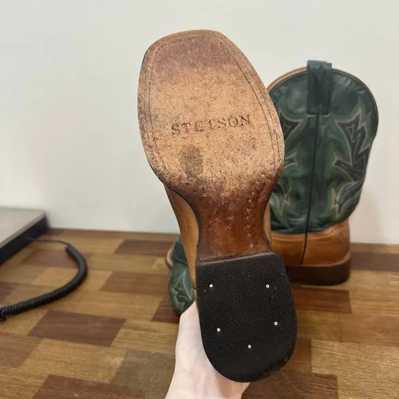Stetson Mens Cowboy Boots 7 Green Leather Western Mid Calf Square Toe Rodeo