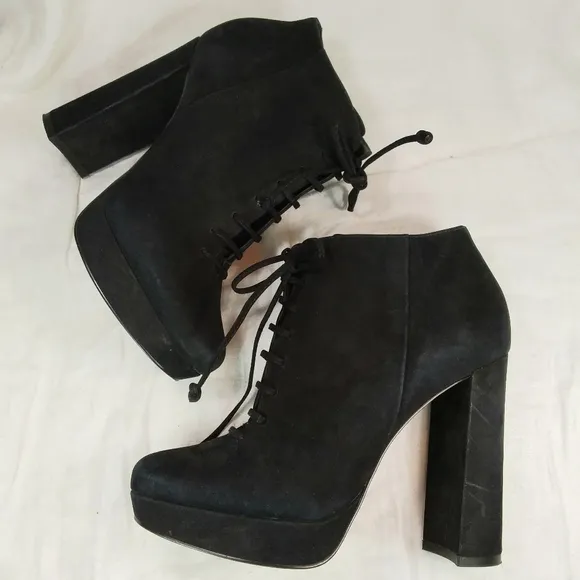 STEVE MADDEN Jolte Black Leather Suede Ankle BOOTS Womens Size 6.5M Chunky Heel