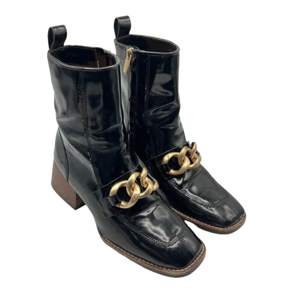 Steve Madden Sz 7 1/2 Loreen Patent Black Gold with Chain Square Toe Chunky Heel