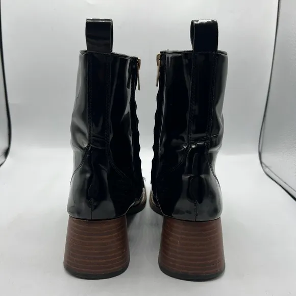 Steve Madden Sz 7 1/2 Loreen Patent Black Gold with Chain Square Toe Chunky Heel