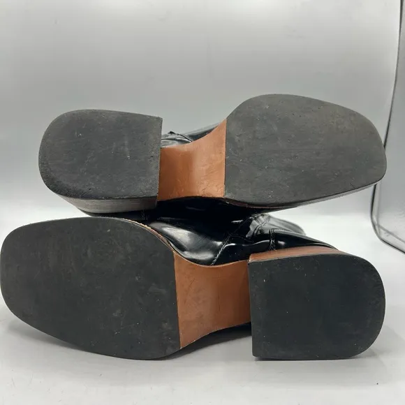 Steve Madden Sz 7 1/2 Loreen Patent Black Gold with Chain Square Toe Chunky Heel