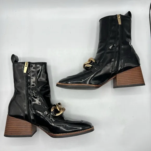 Steve Madden Sz 7 1/2 Loreen Patent Black Gold with Chain Square Toe Chunky Heel