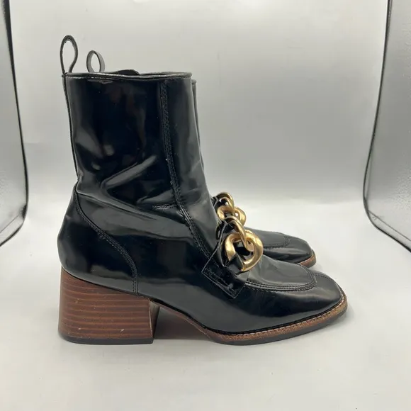 Steve Madden Sz 7 1/2 Loreen Patent Black Gold with Chain Square Toe Chunky Heel