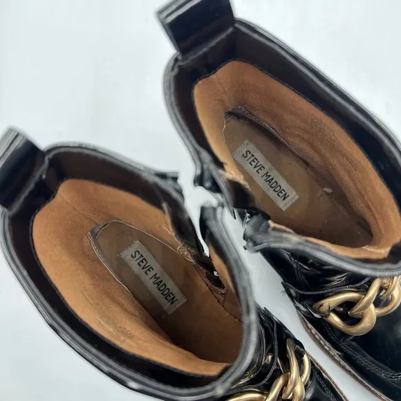 Steve Madden Sz 7 1/2 Loreen Patent Black Gold with Chain Square Toe Chunky Heel