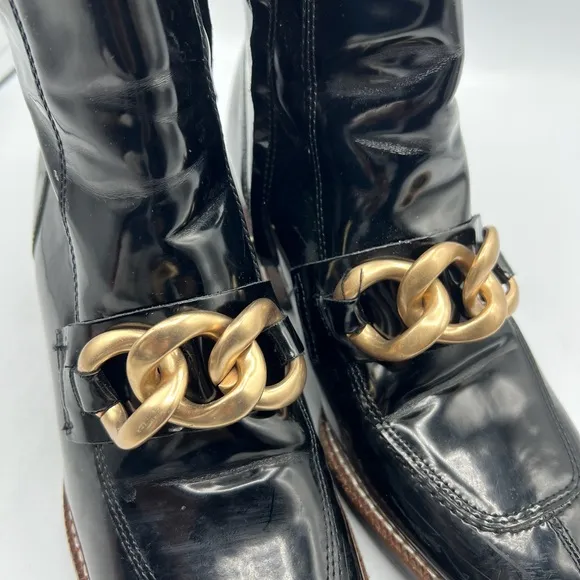 Steve Madden Sz 7 1/2 Loreen Patent Black Gold with Chain Square Toe Chunky Heel
