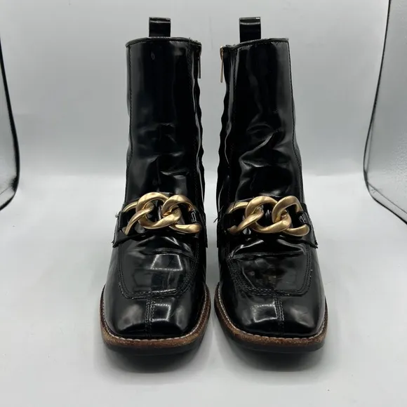 Steve Madden Sz 7 1/2 Loreen Patent Black Gold with Chain Square Toe Chunky Heel