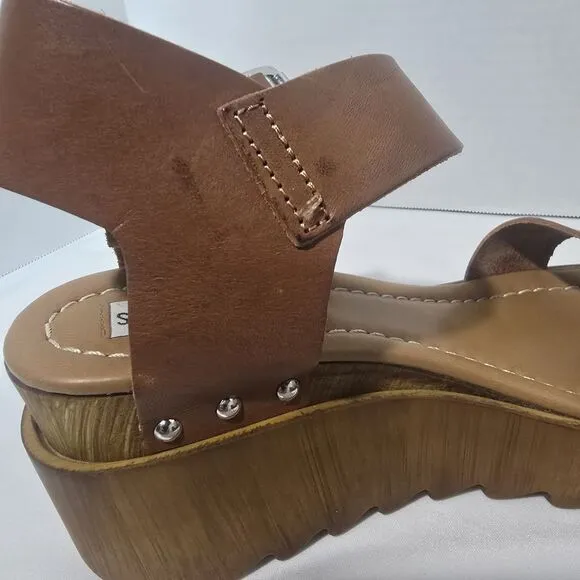 Steve Madden Wooden Keanu Cognac Leather womens Sandel 3.25&quot; Heel sz 7.5